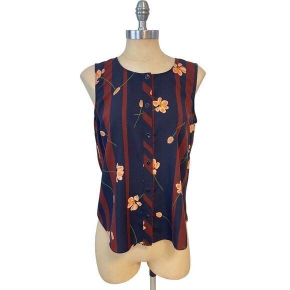 CAbi Scroll Sleeveless Top Woman Size Small Navy Brown Stripe Floral 3600 Small - Picture 2 of 6